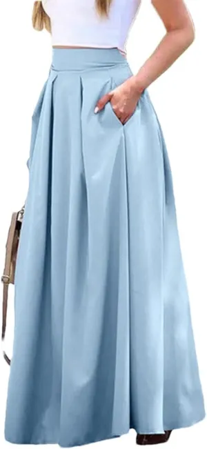 Women's Summer Solid Pleated Skirt Large Swing High Waist Floor Length Length Half with Pocket Skirts