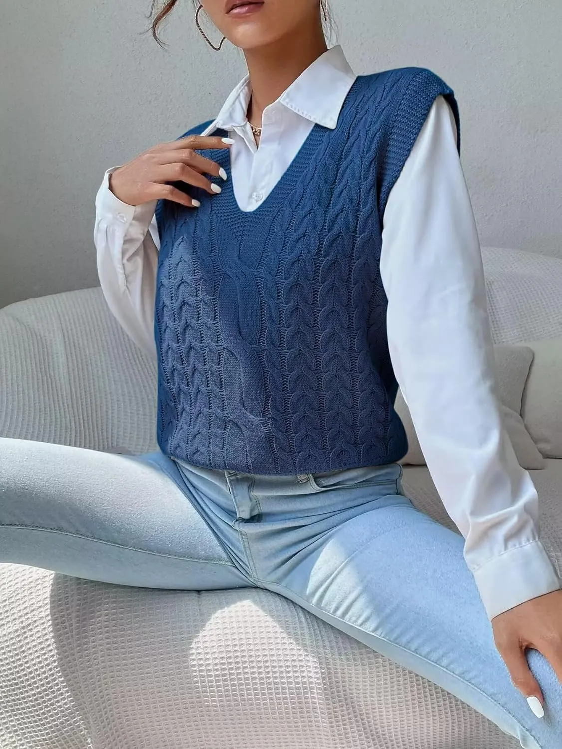 Womens Sweater Vest Cable Knit Casual V Neck Ribbed Preppy Pullover Tops Sleeveless