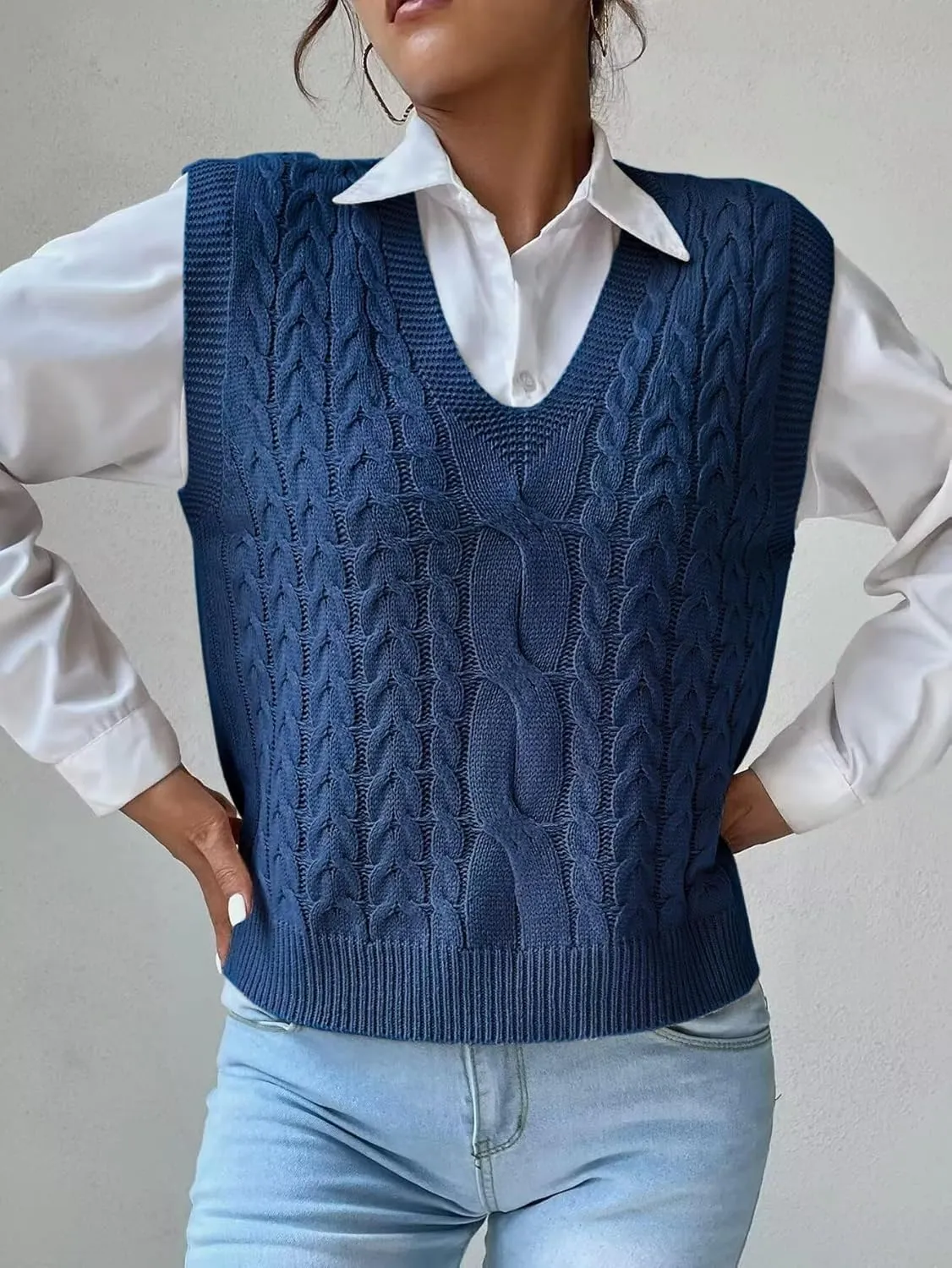 Womens Sweater Vest Cable Knit Casual V Neck Ribbed Preppy Pullover Tops Sleeveless