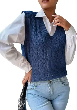 Womens Sweater Vest Cable Knit Casual V Neck Ribbed Preppy Pullover Tops Sleeveless
