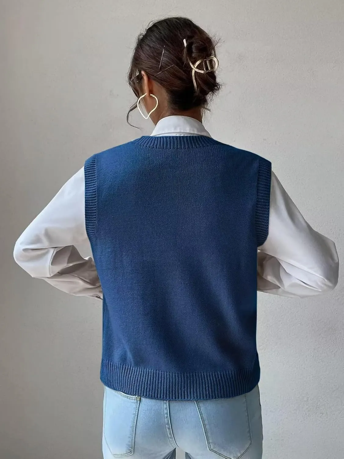 Womens Sweater Vest Cable Knit Casual V Neck Ribbed Preppy Pullover Tops Sleeveless