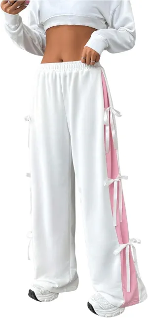Women's Tie Bow Jogger Sweatpants Elastic High Waisted Workout Wide Leg Baggy Pants