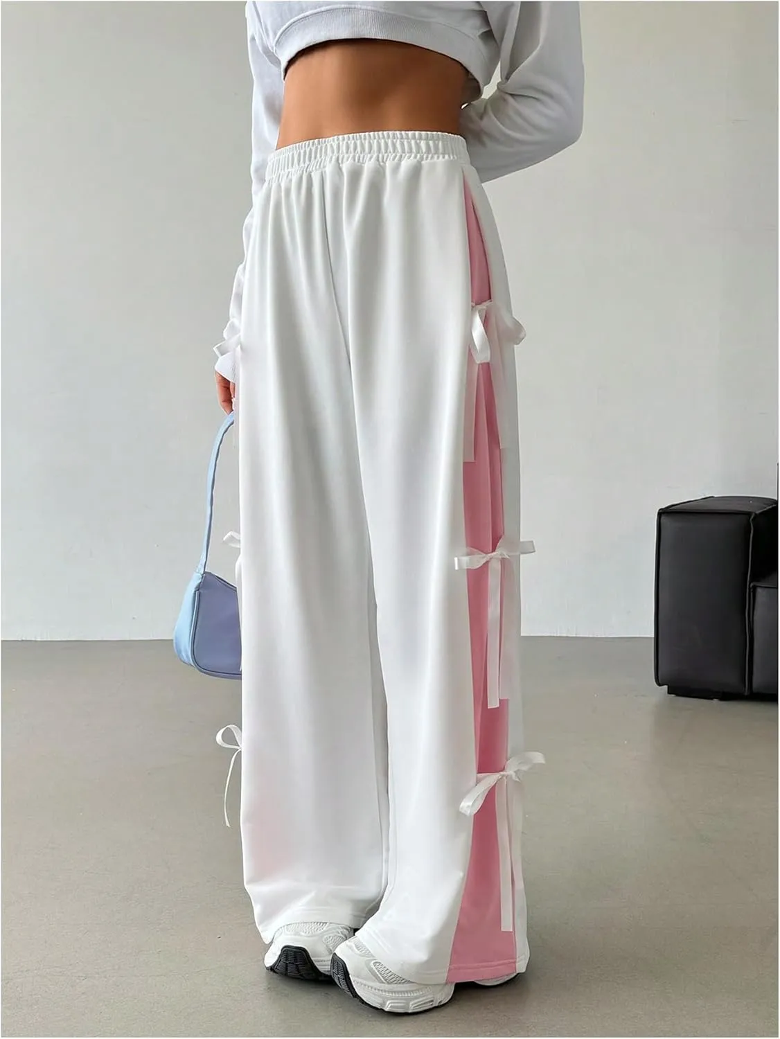 Women's Tie Bow Jogger Sweatpants Elastic High Waisted Workout Wide Leg Baggy Pants
