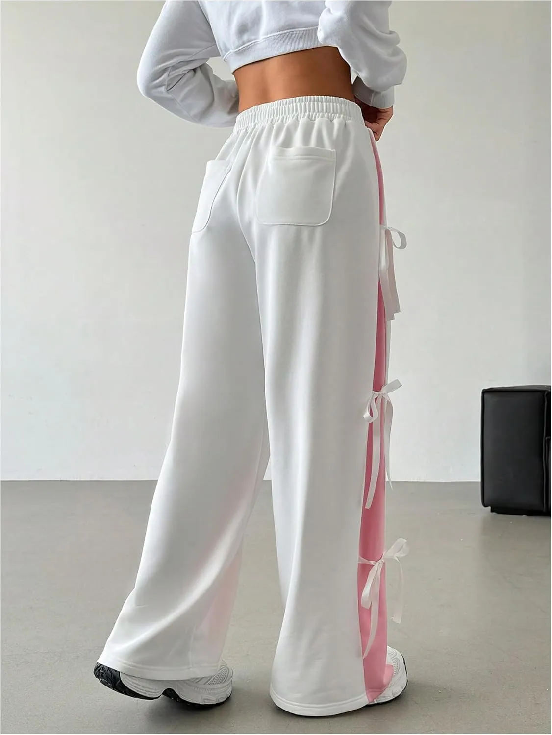 Women's Tie Bow Jogger Sweatpants Elastic High Waisted Workout Wide Leg Baggy Pants