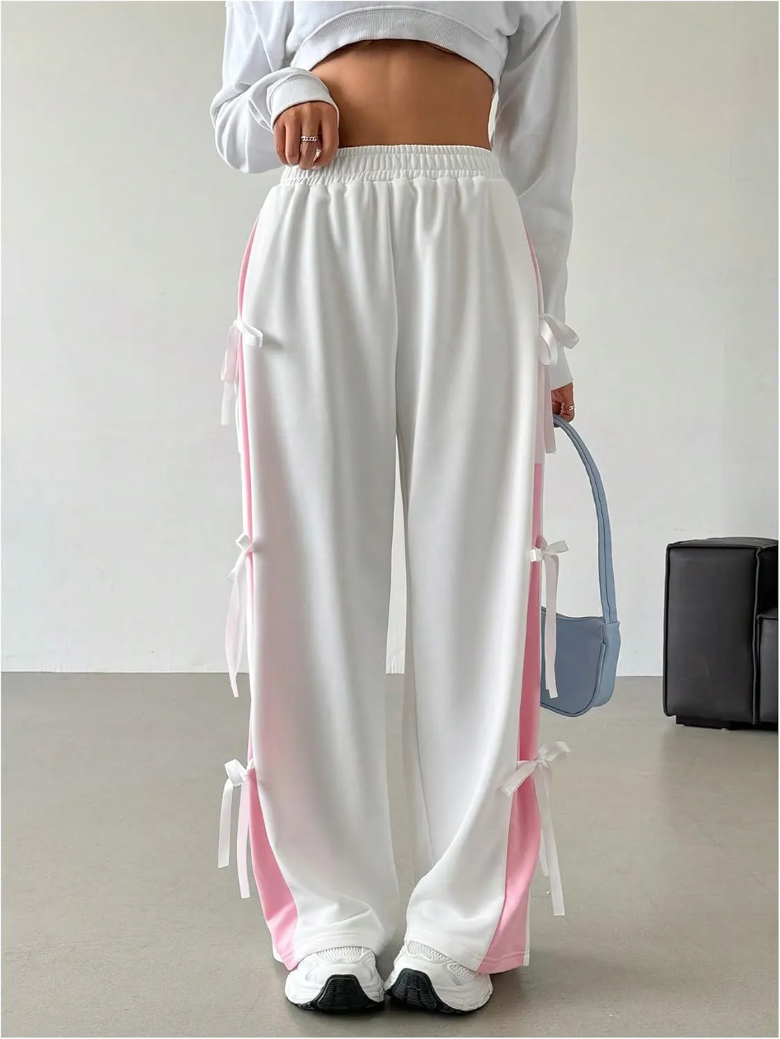 Women's Tie Bow Jogger Sweatpants Elastic High Waisted Workout Wide Leg Baggy Pants