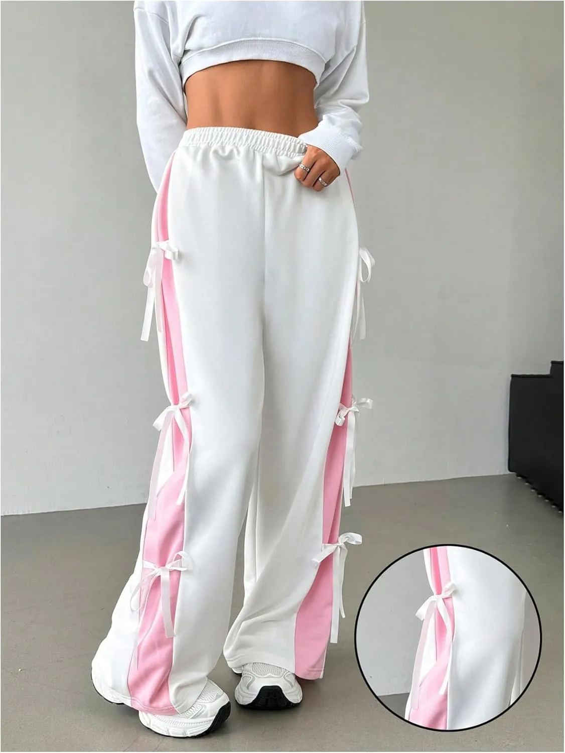 Women's Tie Bow Jogger Sweatpants Elastic High Waisted Workout Wide Leg Baggy Pants
