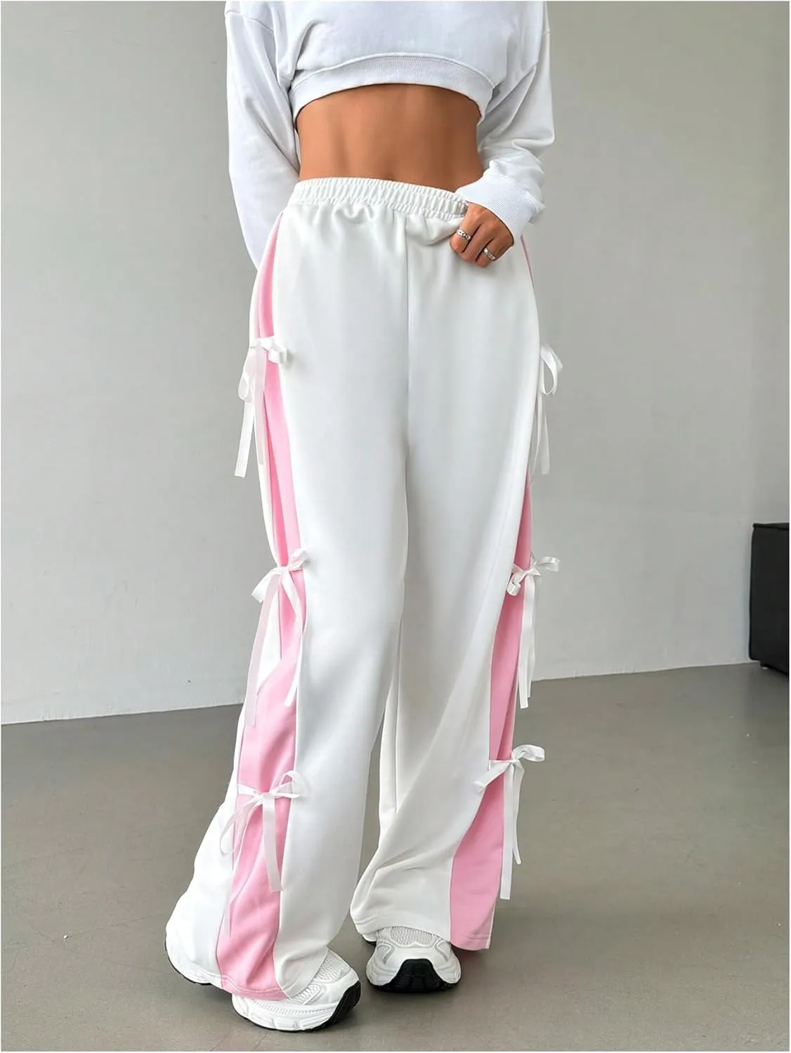 Women's Tie Bow Jogger Sweatpants Elastic High Waisted Workout Wide Leg Baggy Pants