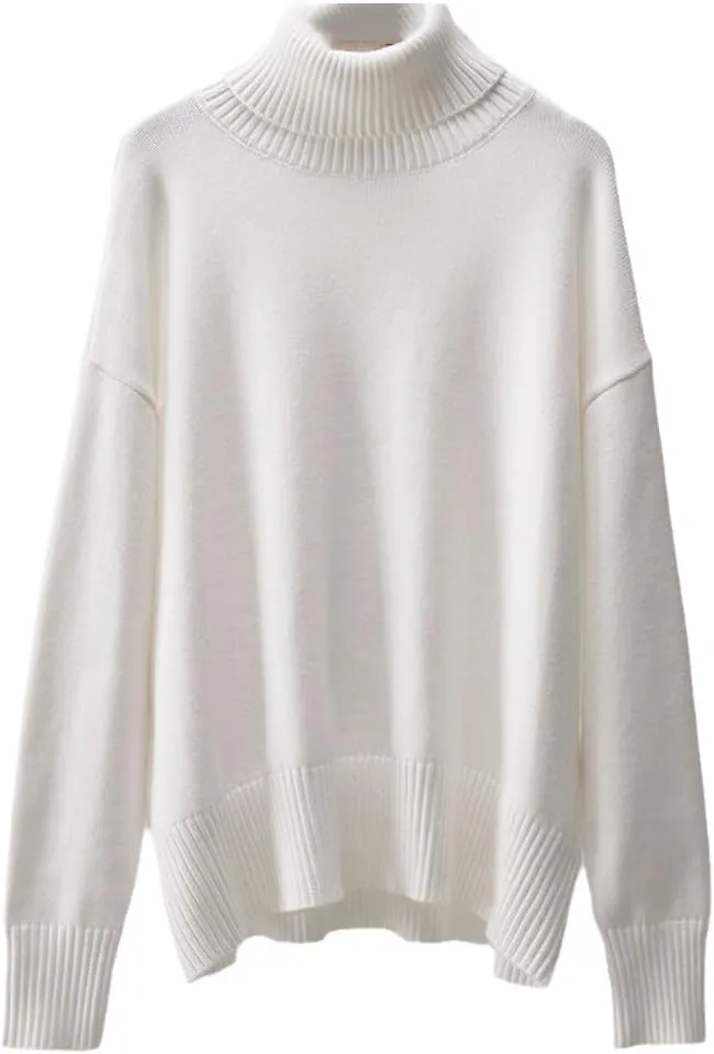 Women's Turtleneck Long Sleeve Thick Knitted Pullover Oversized Loose Warm Soft Sweater Top White