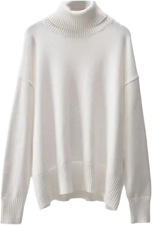 Women's Turtleneck Long Sleeve Thick Knitted Pullover Oversized Loose Warm Soft Sweater Top White