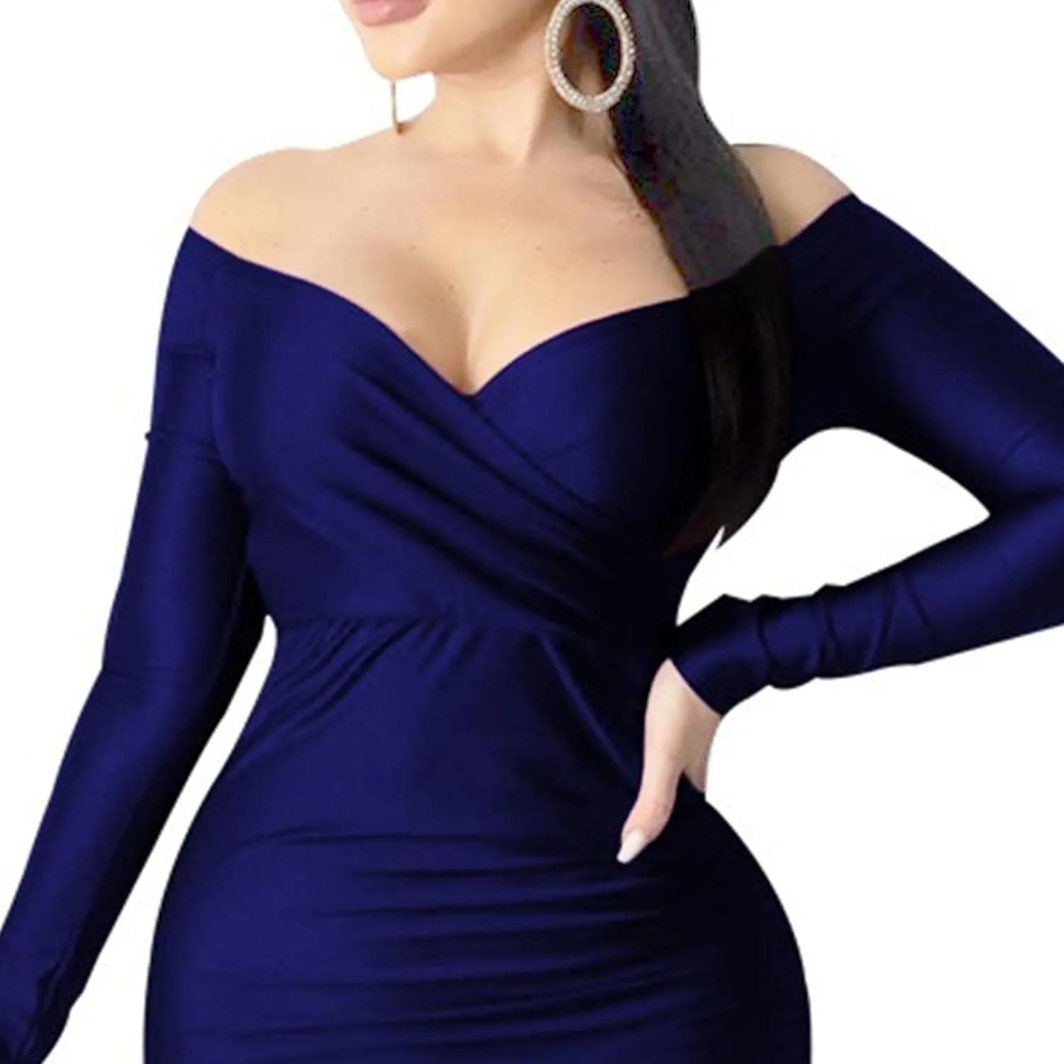 Women's V Neck Off Shoulder Club Party Dress Bodycon Fashion Split Hem Dress Ruched Satin Maxi Dresses