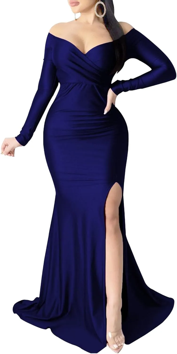Women's V Neck Off Shoulder Club Party Dress Bodycon Fashion Split Hem Dress Ruched Satin Maxi Dresses
