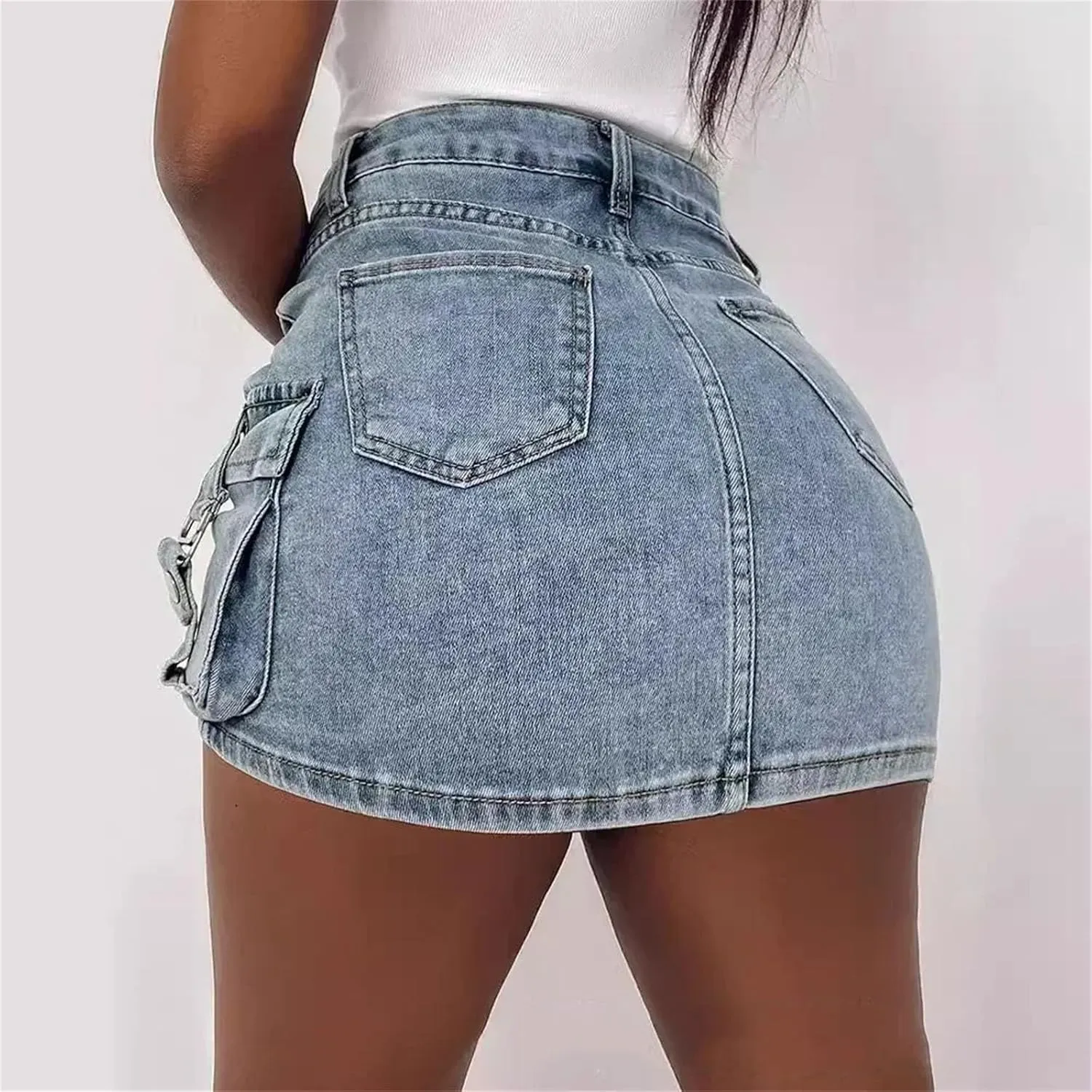 Womens Y2k Cargo Wrap Splice Jeans Short Skirts Summer Casual Pocket Button Streetwear Sexy Denim Skirt