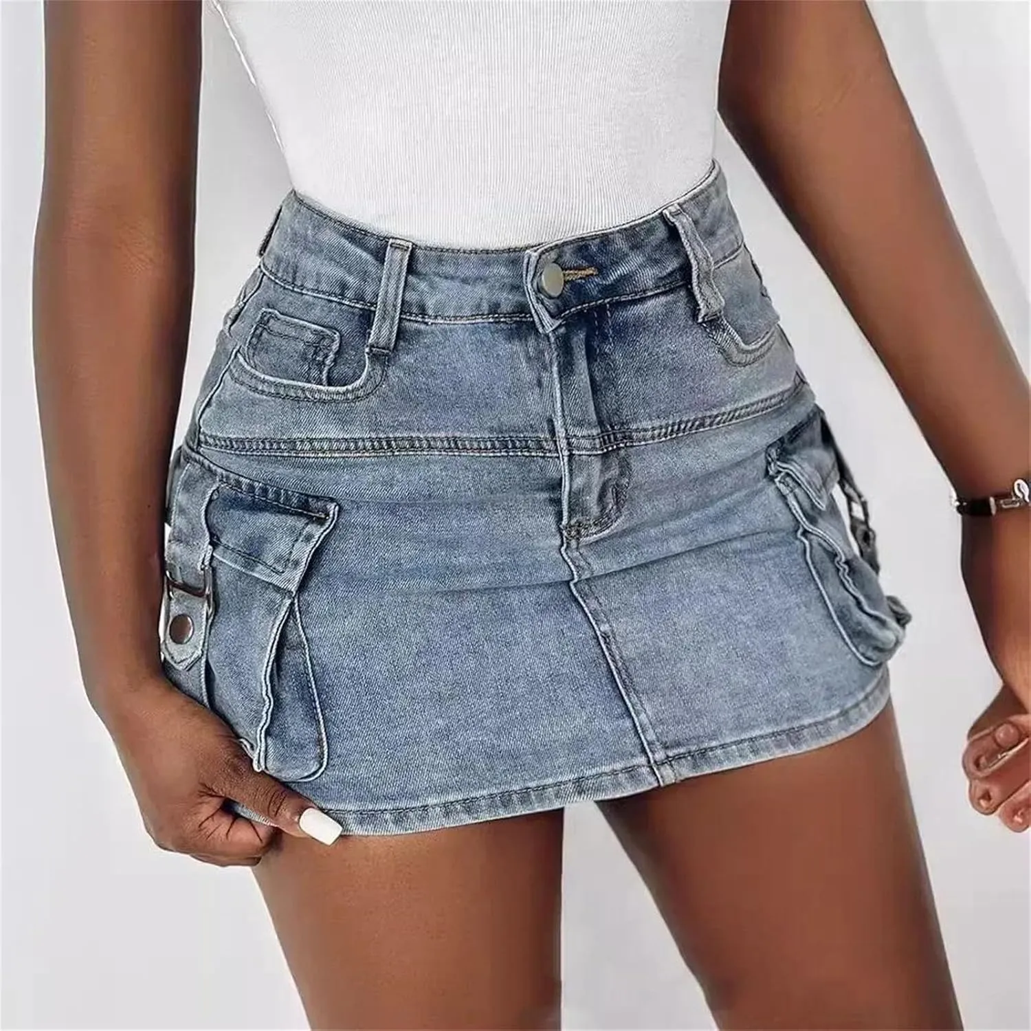 Womens Y2k Cargo Wrap Splice Jeans Short Skirts Summer Casual Pocket Button Streetwear Sexy Denim Skirt