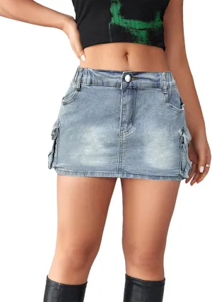 Womens Y2k Cargo Wrap Splice Jeans Short Skirts Summer Casual Pocket Button Streetwear Sexy Denim Skirt