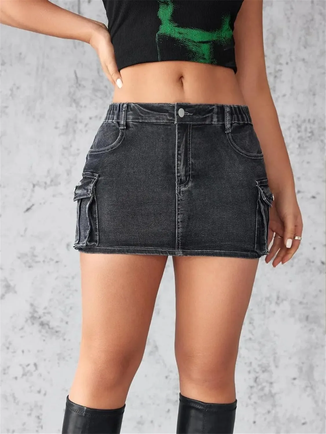 Womens Y2k Cargo Wrap Splice Jeans Short Skirts Summer Casual Pocket Button Streetwear Sexy Denim Skirt