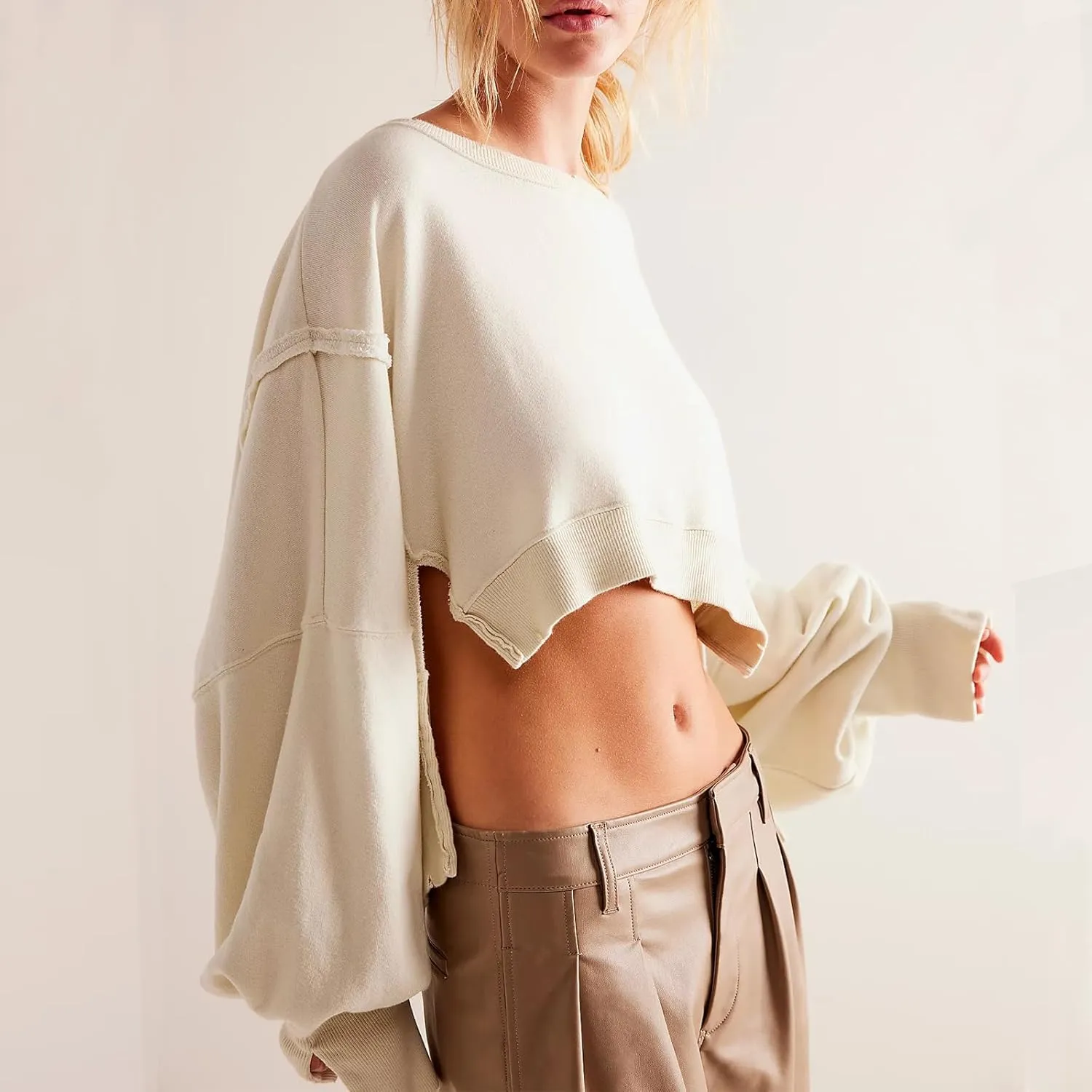Womens Y2k Cropped Sweatshirts Crew Neck Oversized Sweatshirt Loose Long Sleeve Shirts Going Out Fall Fashion