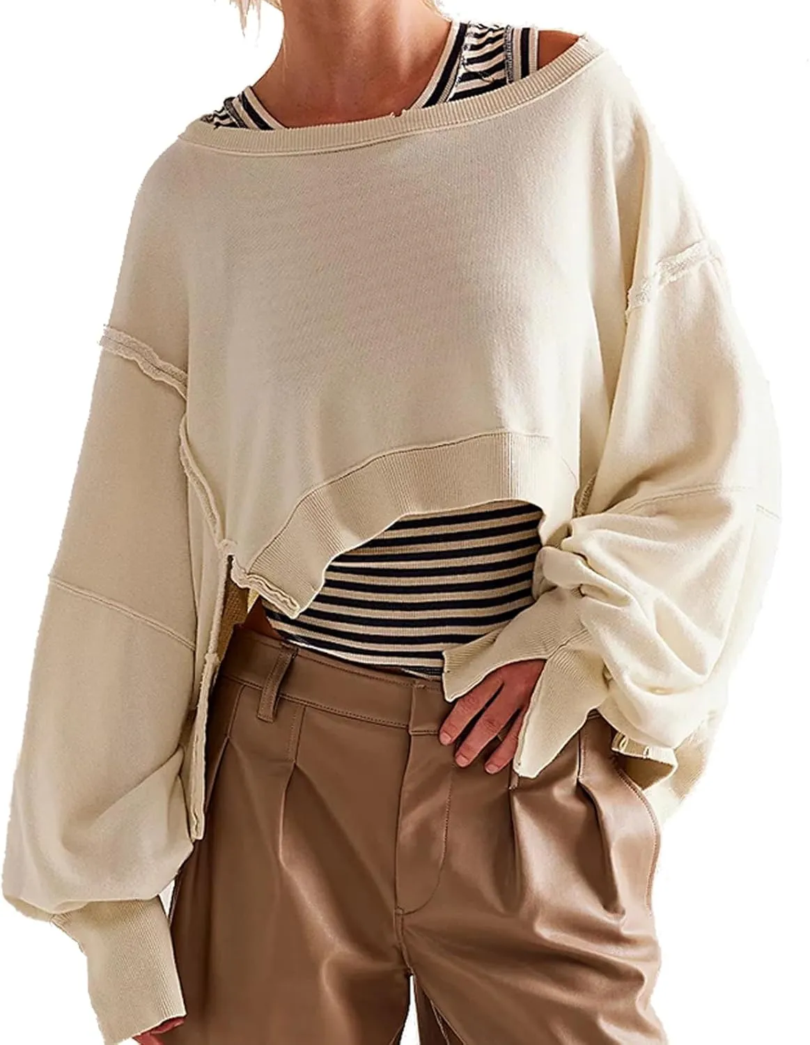 Womens Y2k Cropped Sweatshirts Crew Neck Oversized Sweatshirt Loose Long Sleeve Shirts Going Out Fall Fashion
