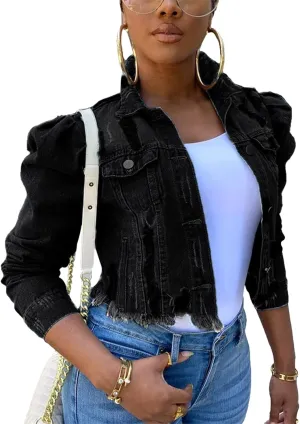 XBTCLXEBCO Vintage Denim Jacket for Women Long Sleeve Button Down Cropped Jean Coat Classic Distressed Denim Trucker Jacket