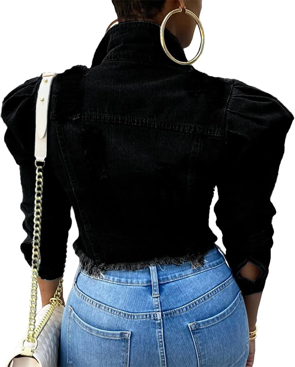 XBTCLXEBCO Vintage Denim Jacket for Women Long Sleeve Button Down Cropped Jean Coat Classic Distressed Denim Trucker Jacket