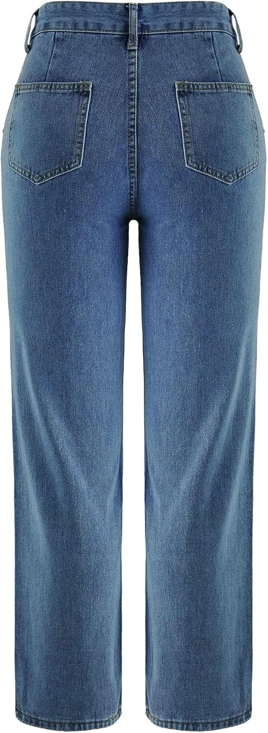 Xineicy Women's Baggy Boyfriend Jeans High Waist Distressed Denim Pants Wide Leg Straight Trousers Streetwear Pants