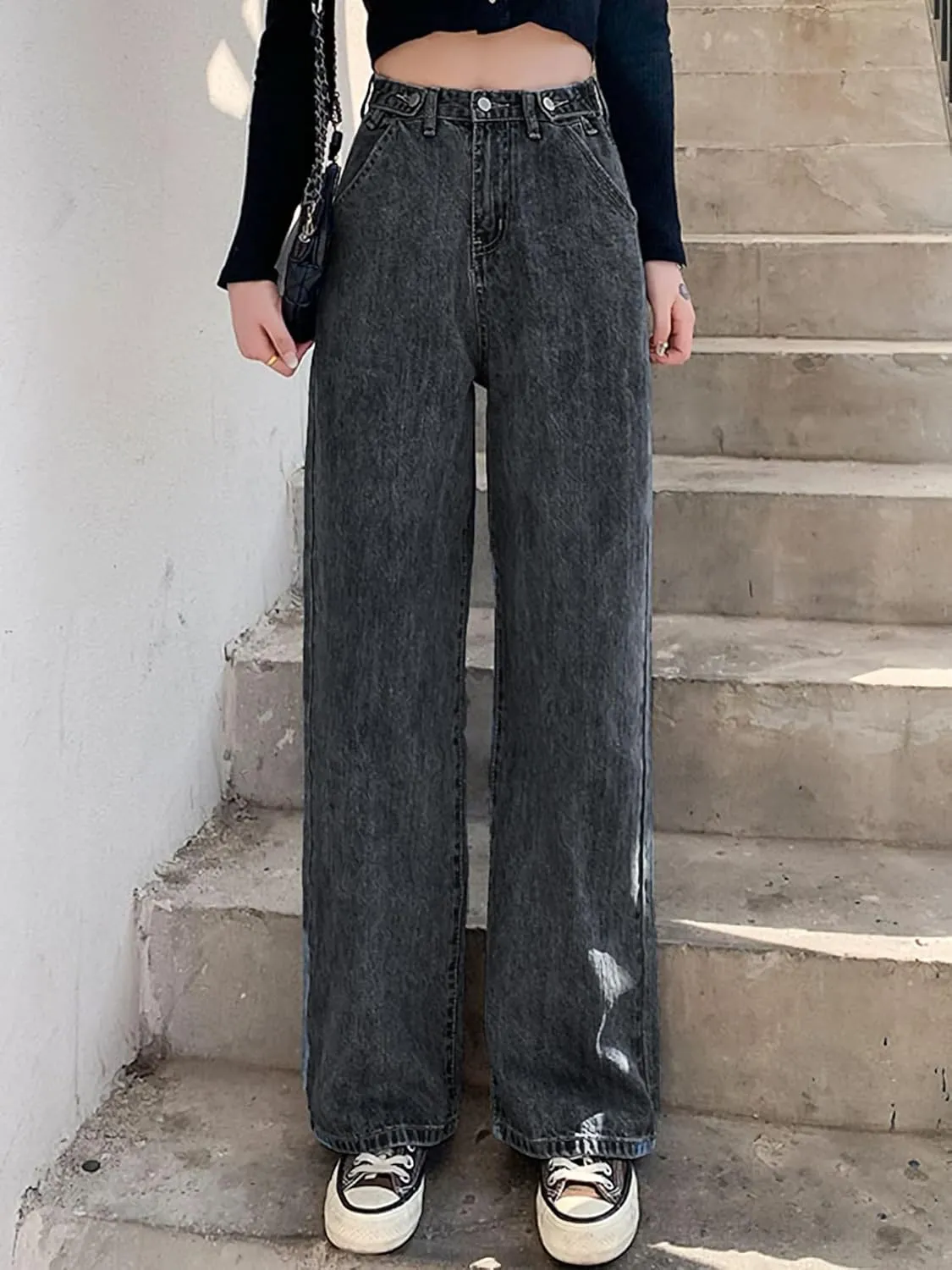 Xineicy Women's Baggy Boyfriend Jeans High Waist Distressed Denim Pants Wide Leg Straight Trousers Streetwear Pants