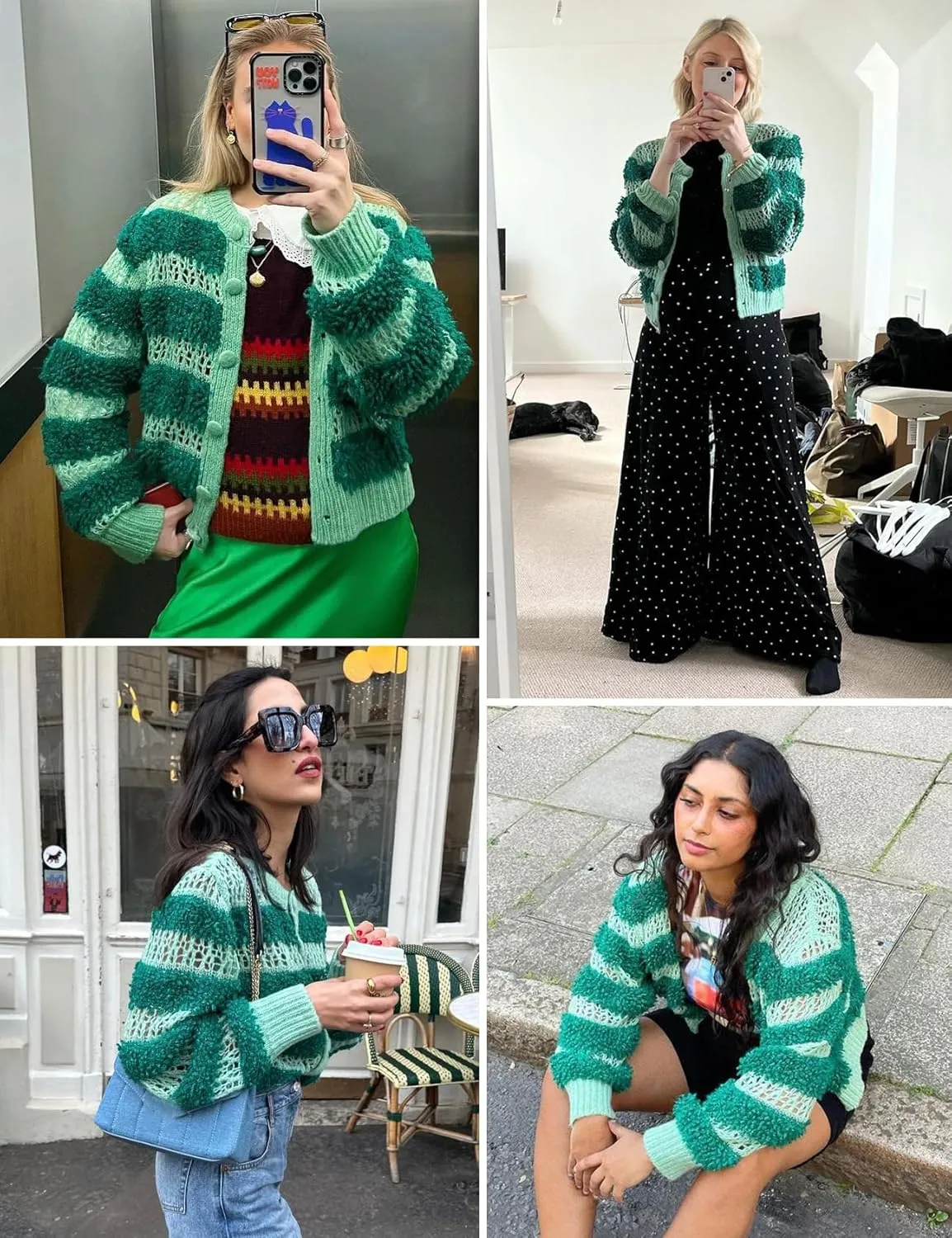 Yimoon Womens Cropped Striped Cardigan Y2K Button Down Open Front Knit Top Loose Color Block Sweater Coat