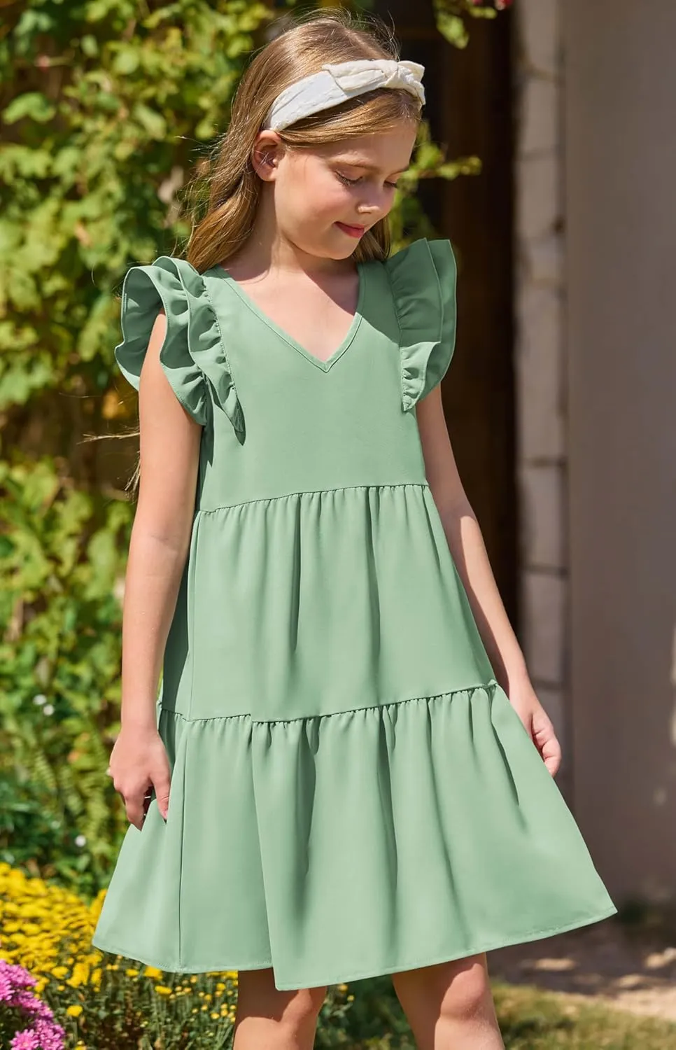 Yousify Girls Summer Dress V Neck Ruffle Sleeve Loose Casual Cute A-Line Dress Sundress Outfits Clothes 5-14 Years