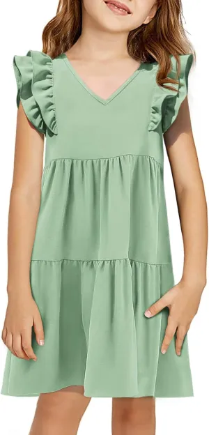 Yousify Girls Summer Dress V Neck Ruffle Sleeve Loose Casual Cute A-Line Dress Sundress Outfits Clothes 5-14 Years