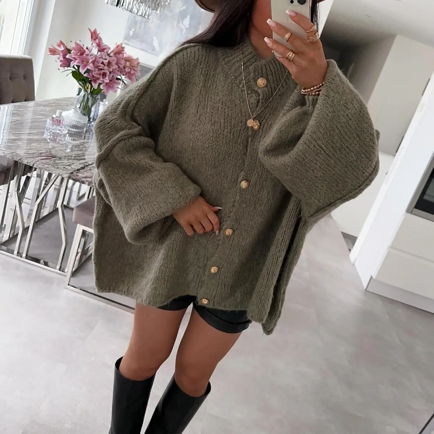 Yuemengxuan Women Oversized Cardigan Sweater Knit Button Fall Outfits Batwing Sleeve Sweaters Jackets Fashion Trendy Clothes