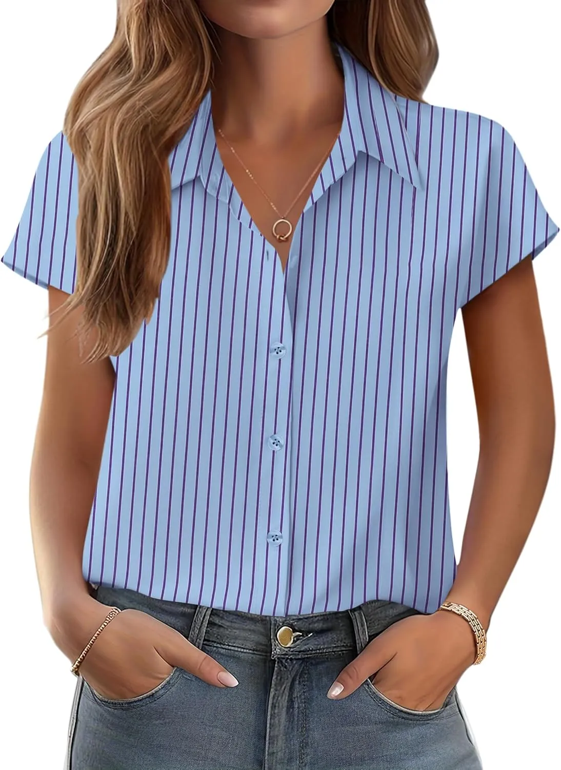Zeagoo Womens Button Down Shirt V Neck Blouses Cap Sleeve Top Dressy Casual Blouses 2025 Trendy Bussiness Work Outfits S-XXL