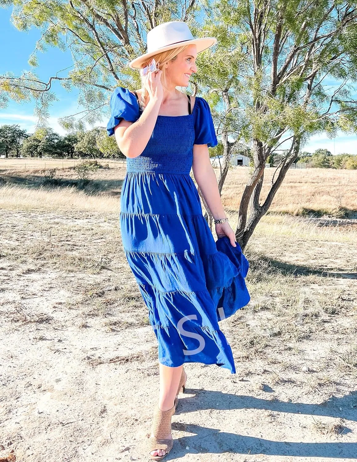 ZESICA Women's 2025 Summer Square Neck Short Puff Sleeve Solid Color High Waist Casual Smocked Flowy A Line Tiered Midi Dress