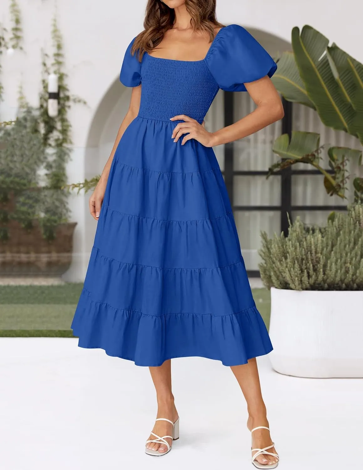 ZESICA Women's 2025 Summer Square Neck Short Puff Sleeve Solid Color High Waist Casual Smocked Flowy A Line Tiered Midi Dress