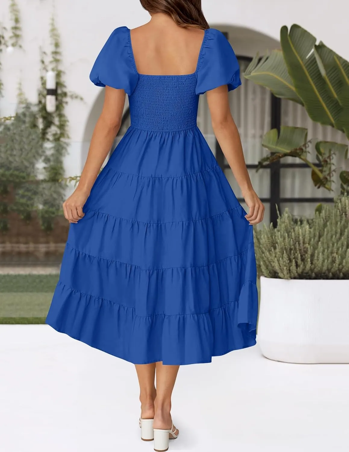 ZESICA Women's 2025 Summer Square Neck Short Puff Sleeve Solid Color High Waist Casual Smocked Flowy A Line Tiered Midi Dress