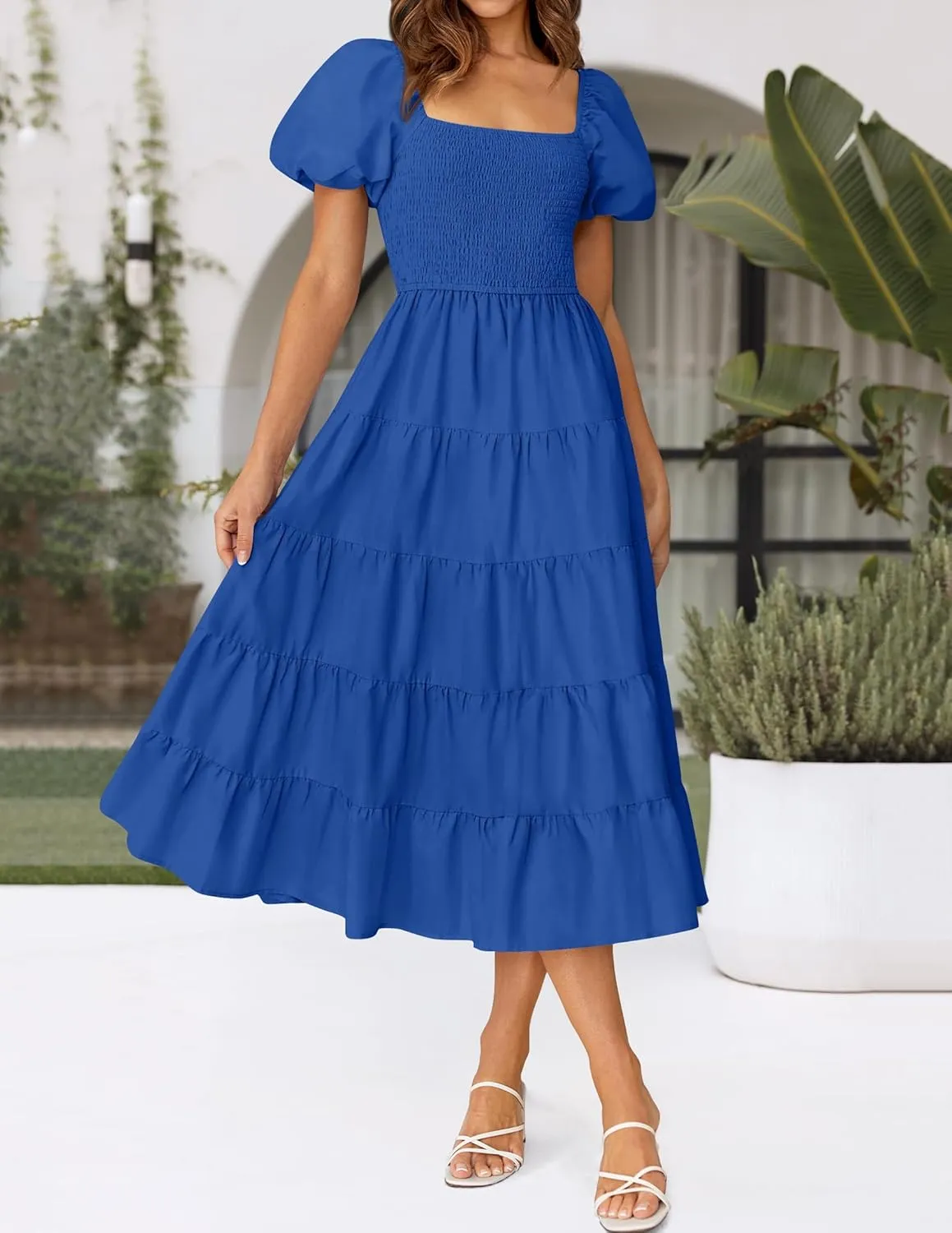 ZESICA Women's 2025 Summer Square Neck Short Puff Sleeve Solid Color High Waist Casual Smocked Flowy A Line Tiered Midi Dress