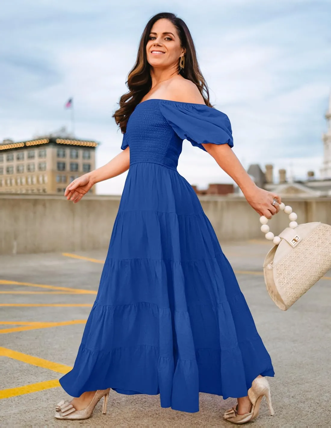 ZESICA Women's 2025 Summer Square Neck Short Puff Sleeve Solid Color High Waist Casual Smocked Flowy A Line Tiered Midi Dress