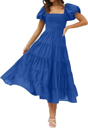 ZESICA Women's 2025 Summer Square Neck Short Puff Sleeve Solid Color High Waist Casual Smocked Flowy A Line Tiered Midi Dress