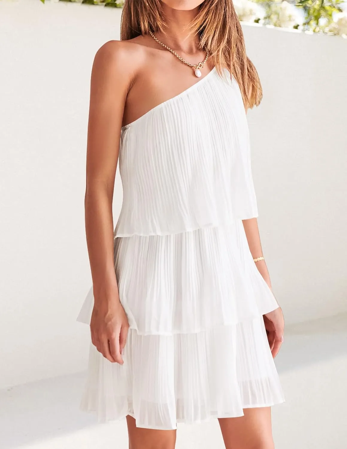 ZESICA Women's Boho Summer One Shoulder Sleeveless Ruffle Tiered Layered Chiffon Pleated A Line Flowy Mini Dress