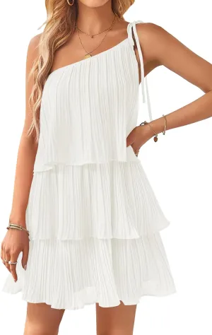 ZESICA Women's Boho Summer One Shoulder Sleeveless Ruffle Tiered Layered Chiffon Pleated A Line Flowy Mini Dress