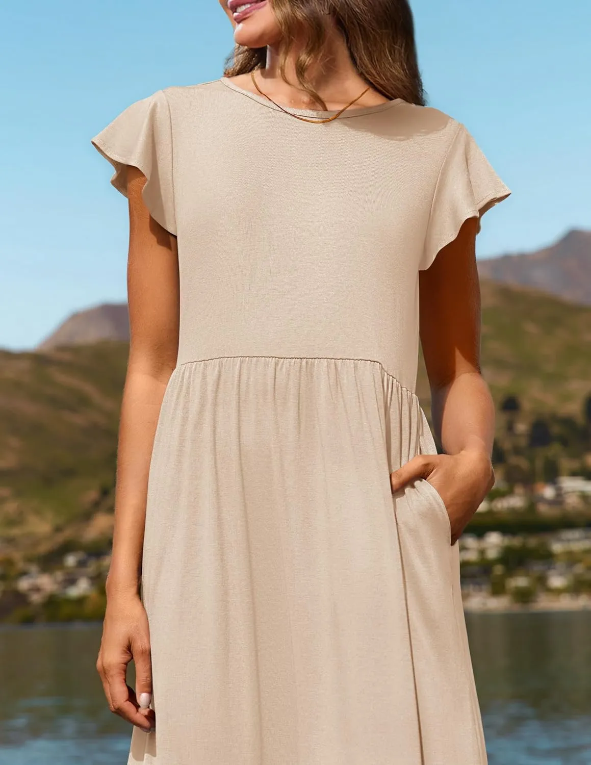 ZESICA Women's Summer Casual Dresses Flutter Short Sleeve Crewneck Loose Flowy Tiered Beach Maxi Dress with Pockets