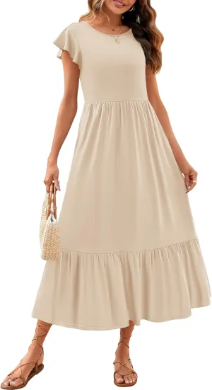 ZESICA Women's Summer Casual Dresses Flutter Short Sleeve Crewneck Loose Flowy Tiered Beach Maxi Dress with Pockets