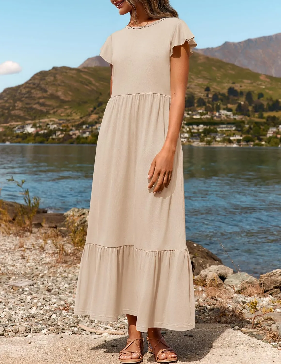 ZESICA Women's Summer Casual Dresses Flutter Short Sleeve Crewneck Loose Flowy Tiered Beach Maxi Dress with Pockets