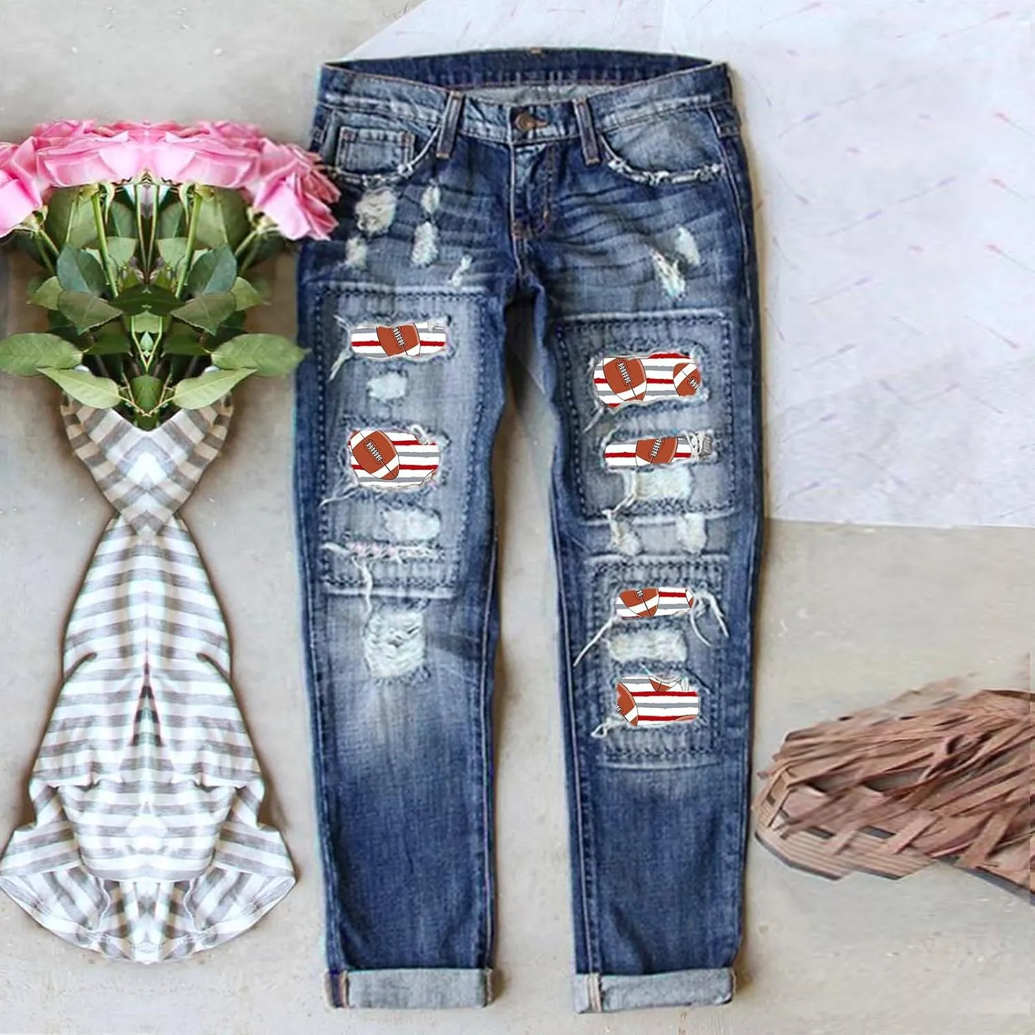 ZOCAVIA Womens Ripped Denim Pants Plus Size Casual Stretch Skinny High Waist Washed Jeans Patched Patchwork Denim Jeans