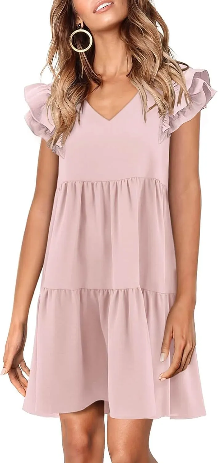 Zwurew Summer Babydoll Dresses for Women 2025 Cute Ruffle Cap Sleeve V-Neck Flowy Swing Mini Dress Sundress