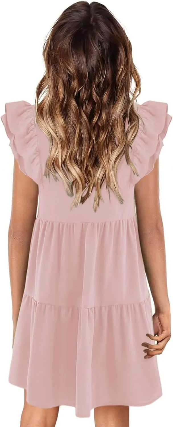Zwurew Summer Babydoll Dresses for Women 2025 Cute Ruffle Cap Sleeve V-Neck Flowy Swing Mini Dress Sundress